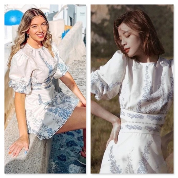 Floral Blue on Cream Light Beige Puff Sleeve Cut Out Waist Mini Dress - Picture 16 of 16